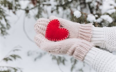 red heart in hands, winter, snow, heart, love concepts, white mittens