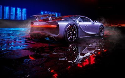 Bugatti Chiron, notte, 2018 auto, nuvoloso, vista posteriore, hypercars, grigio Chiron, supercar, Bugatti