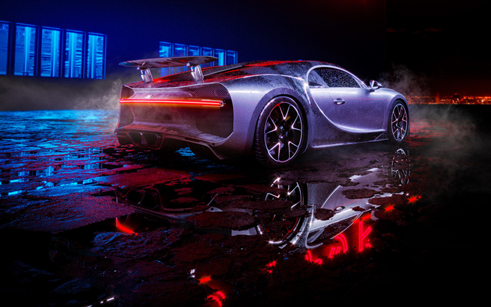 Bugatti Chiron, gece, 2018 arabalar, yağmur, arkadan g&#246;r&#252;n&#252;m, hypercars, gri Chiron, s&#252;per, Bugatti