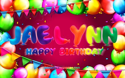 Joyeux anniversaire Jaelynn, 4k, cadre de ballon color&#233;, nom de Jaelynn, fond violet, joyeux anniversaire de Jaelynn, anniversaire de Jaelynn, noms f&#233;minins am&#233;ricains populaires, concept d&#39;anniversaire, Jaelynn