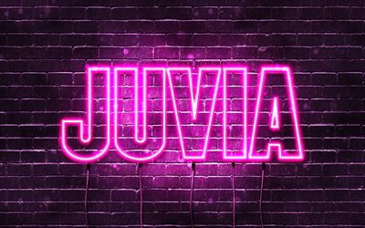 Joyeux anniversaire Juvia, 4k, n&#233;ons roses, nom Juvia, cr&#233;atif, joyeux anniversaire Juvia, anniversaire Juvia, noms f&#233;minins japonais populaires, photo avec le nom Juvia, Juvia