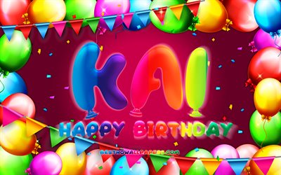 誕生日おめでとう, 4k, カラフルなバルーンフレーム, 甲斐名, 紫の背景, カイの誕生日, 人気のアメリカ人女性の名前, 誕生日のコンセプト, カイ
