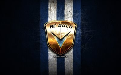 AC Oulu, logotipo dourado, Veikkausliiga, fundo de metal azul, futebol, clube de futebol finland&#234;s, logotipo AC Oulu, ACO