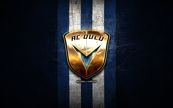 AC Oulu, logo dorado, Veikkausliiga, fondo de metal azul, f&#250;tbol, club de f&#250;tbol finland&#233;s, logo AC Oulu, ACO
