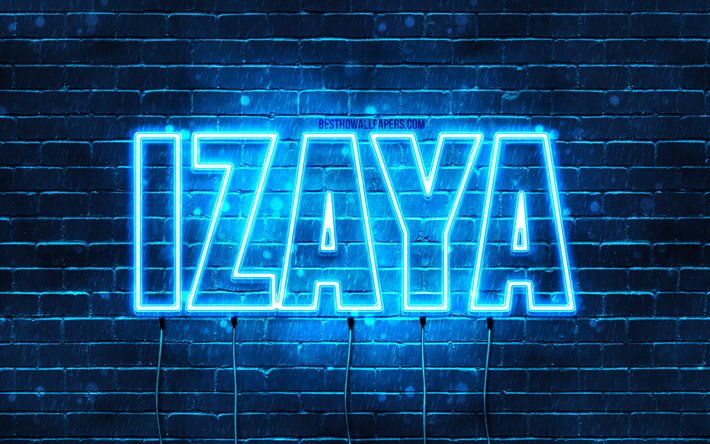 Feliz Anivers&#225;rio Izaya, 4k, luzes de n&#233;on azuis, nome Izaya, criativo, Anivers&#225;rio Izaya, nomes masculinos japoneses populares, foto com o nome Izaya, Izaya