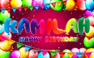 Buon compleanno Kamilah, 4k, cornice di palloncini colorati, nome Kamilah, sfondo viola, Kamilah Happy Birthday, compleanno Kamilah, nomi femminili americani popolari, concetto di compleanno, Kamilah
