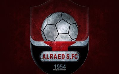 Al Raed FC, time de futebol da Arábia Saudita, fundo vermelho, logotipo do Al Raed FC, arte grunge, Saudi Pro League, Buraidah, futebol, Arábia Saudita, emblema do Al Raed FC