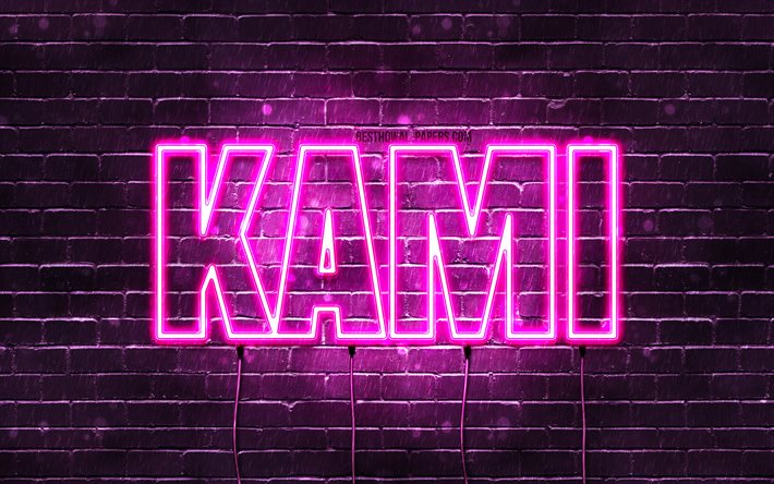 Happy Birthday Kami, 4k, pink neon lights, Kami name, creative, Kami Happy Birthday, Kami Birthday, popular japanese female names, picture with Kami name, Kami