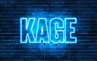 Feliz anivers&#225;rio Kage, 4k, luzes de n&#233;on azuis, nome Kage, criativo, Kage feliz anivers&#225;rio, Kage anivers&#225;rio, nomes masculinos japoneses populares, imagem com o nome Kage, Kage