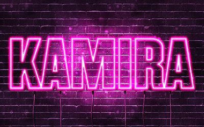 Happy Birthday Kamira, 4k, pink neon lights, Kamira name, creative, Kamira Happy Birthday, Kamira Birthday, popular japanese female names, picture with Kamira name, Kamira