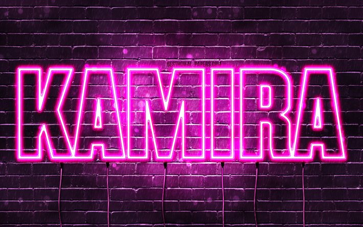 Feliz anivers&#225;rio Kamira, 4k, luzes de n&#233;on rosa, nome Kamira, criativo, Kamira Feliz anivers&#225;rio, Kamira Birthday, nomes femininos japoneses populares, foto com o nome Kamira, Kamira