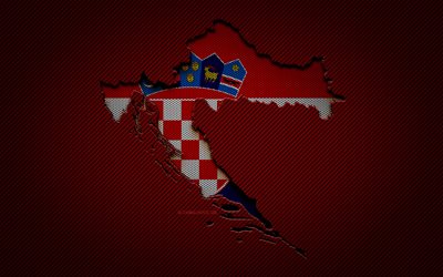 Croatia map, 4k, European countries, Croatian flag, red carbon background, Croatia map silhouette, Croatia flag, Europe, Croatian map, Croatia, flag of Croatia