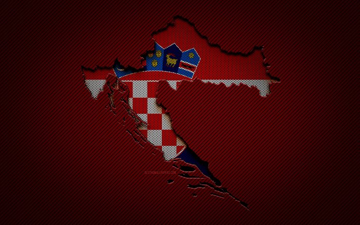 Croazia mappa, 4k, paesi europei, bandiera croata, sfondo rosso carbonio, Croazia mappa silhouette, bandiera Croazia, Europa, mappa croata, Croazia, bandiera della Croazia