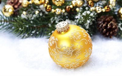 snow, golden Christmas balls, New Year, Christmas