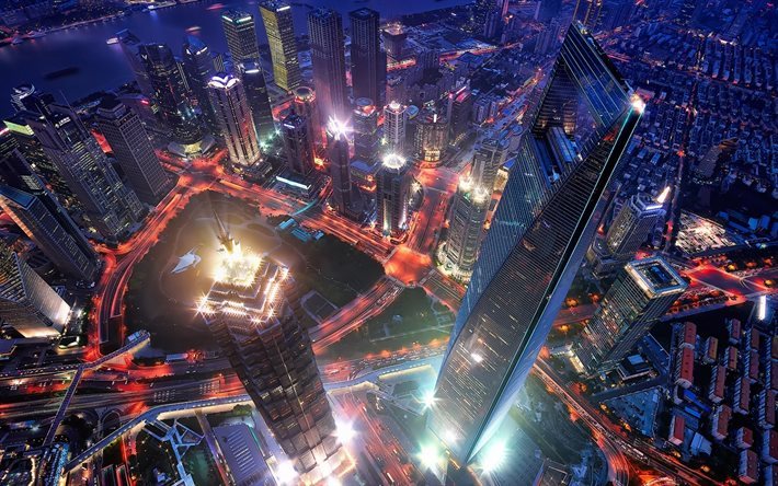 Shanghai, night, skyscrapers, Jin Mao, Shanghai World Financial Center, China