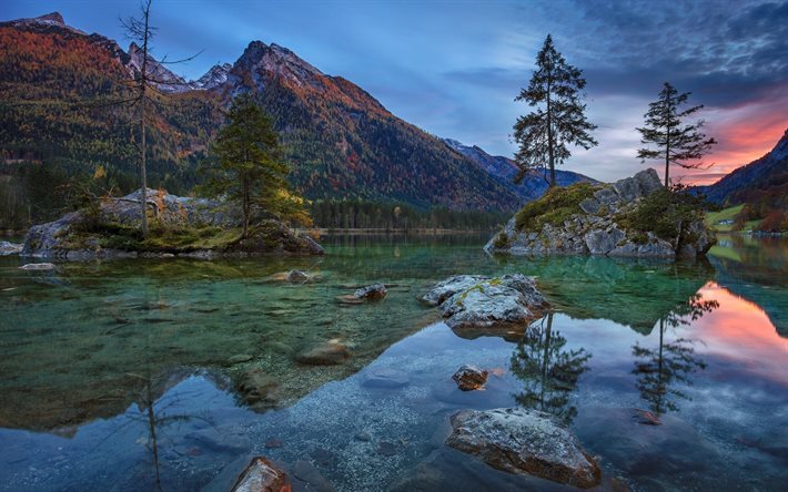 lago de montanha, p&#244;r do sol, floresta, montanha, Hintersee, Baviera, Alemanha