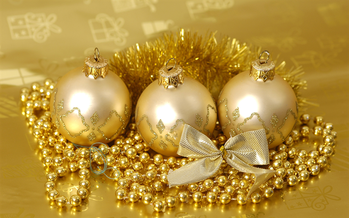 weihnachten, neues jahr, 4k, goldene weihnachtskugeln, gold, bogen, dekoration