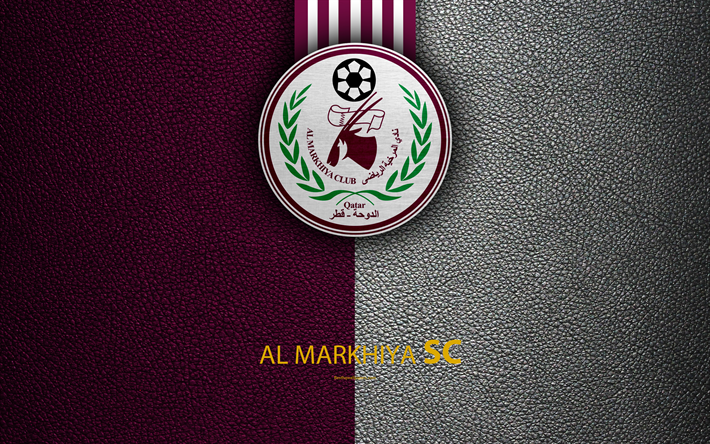 Al Markhiya SC, 4k, la Qatar football club, violet en cuir texture, le logo, la Qatar Stars League, Doha, Qatar, Premier League, Q-League, Al-Markhiya Stade