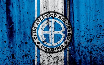 4k, FC Belgrano, grunge, Superliga, calcio, Argentina, logo, Belgrano, squadra di calcio, pietra, texture, Belgrano FC