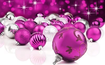 Roxo bolas de Natal, 4k, Ano Novo, 2018, Natal, conceitos, Decora&#231;&#245;es de natal