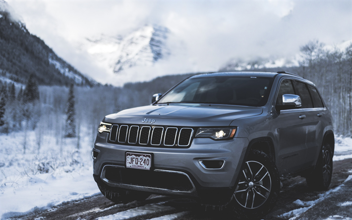 Jeep Grand Cherokee SRT, 2017, 4k, harmaa MAASTOAUTO, USA, mountain maisema, talvi, lumi, Amerikkalaisten autojen, Jeep
