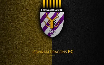 Jeonnam Dragons FC, 4k, logo, South Korean football club, K-League Classic, leather texture, emblem, Cholla-Namdo, South Korea, football championship