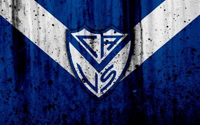 4k, FC Velez Sarsfield, grunge, Superliga, soccer, Argentina, logo, Velez Sarsfield, football club, stone texture, Velez Sarsfield FC