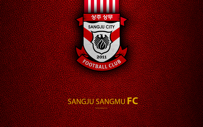 Sangju Sangmu FC, 4k, logo, South Korean football club, K-League Classic, leather texture, emblem, Sanju, South Korea, football championship