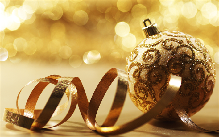 New Year, 2018, golden Christmas decorations, golden ribbon, Christmas balls