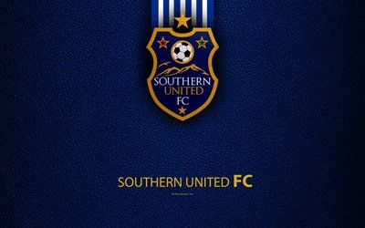 Southern United FC, 4K, Nueva Zelanda Club de F&#250;tbol, logotipo, emblema, ISPS Handa Premier, textura de cuero, Dunedin, Nueva Zelanda, NZFC, OFC, Ocean&#237;a
