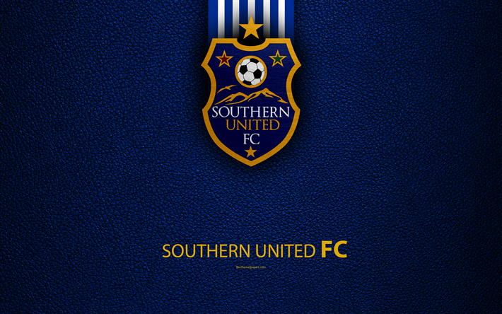 Southern United FC, 4K, Nueva Zelanda Club de F&#250;tbol, logotipo, emblema, ISPS Handa Premier, textura de cuero, Dunedin, Nueva Zelanda, NZFC, OFC, Ocean&#237;a