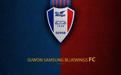 Suwon Samsung Bluewings FC, 4k, logo, South Korean football club, K-League Classic, leather texture, emblem, Suwon, South Korea, football championship