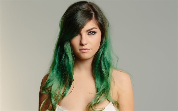Phoebe Ryan, 4k, cantante Estadounidense, retrato, pelo verde, estrellas j&#243;venes