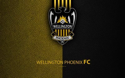Wellington Phoenix FC, 4K, New Zealand Football Club, logo, emblem, ISPS Handa Premiership, leather texture, Wellington, New Zealand, NZFC, OFC, Oceania