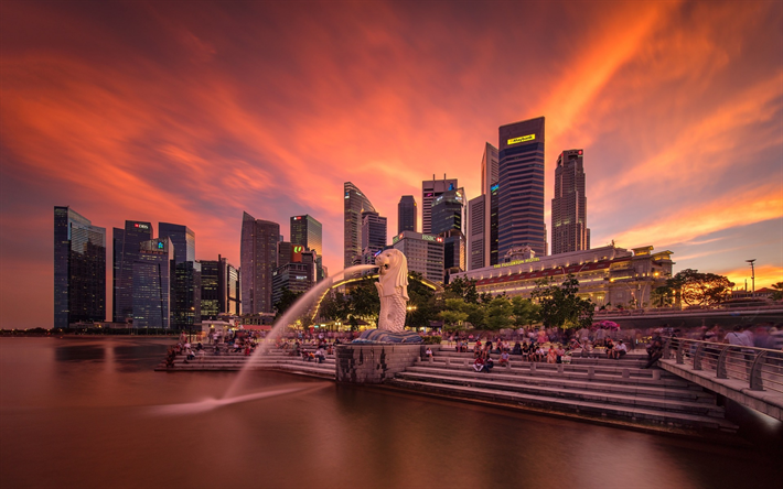 Singapur, g&#246;kdelenler, modern binalar, G&#252;n batımı, deniz, şehir