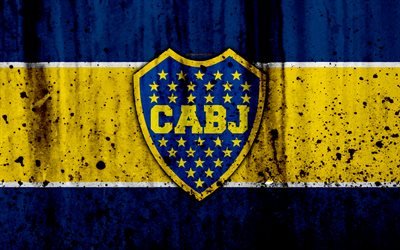 4k, FC Boca Juniors, grunge, Superliga, soccer, Argentina, logo, Boca Juniors, football club, CABJ, stone texture, Boca Juniors FC