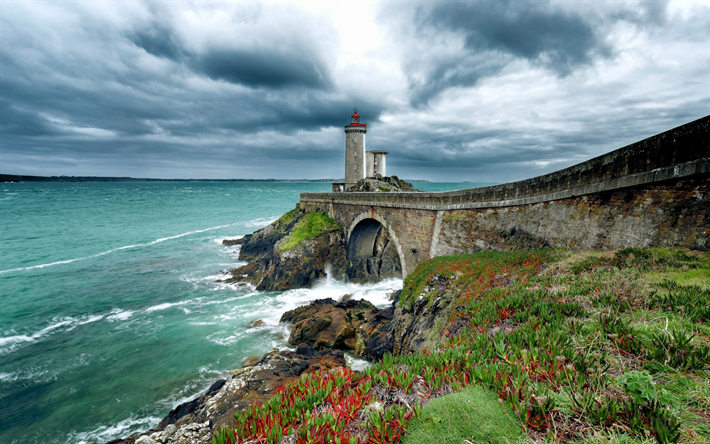Phare du Petit美濃, 灯台, ケルト海, 海岸, 大西洋, プラザ, フランス