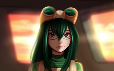 Tsuyu Asui, green hair, Boku no Hero Academia, artwork, manga, Asui Tsuyu, My Hero Academia