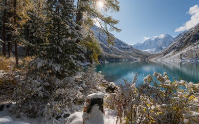 mountain lake, winter, snow, glacier lake, forest, Russia, mountains