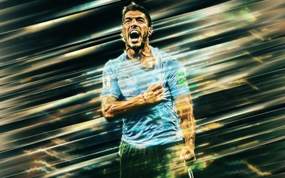 Luis Suarez, 4k, creative art, blades style, striker, Uruguay national football team, Uruguay footballer, Uruguay, blue background, football