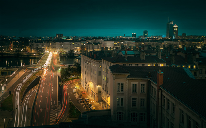 Lyon, noite, cidade francesa, luzes da cidade, panorama da cidade, Fran&#231;a
