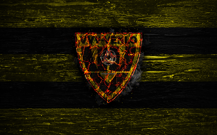 Venlo FC, fire logo, Eredivisie, yellow and black lines, dutch football club, grunge, football, soccer, logo, VVV-Venlo, wooden texture, Holland, Netherlands