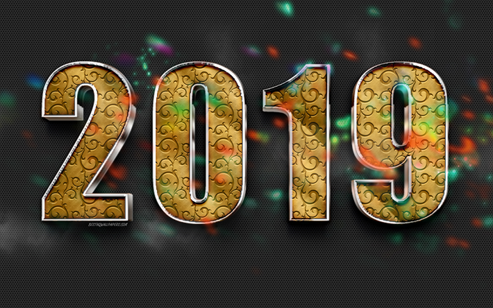2019 year, golden 3d letters, 3d art, floral texture, New 2019 Year, metal mesh, 2019 concepts