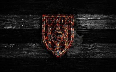 Heracles FC, fire logo, Eredivisie, white and black lines, dutch football club, grunge, football, soccer, logo, Heracles Almelo, wooden texture, Holland, Netherlands