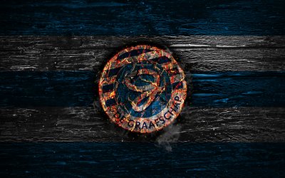 Graafschap FC, fire logo, Eredivisie, blue and white lines, dutch football club, grunge, football, soccer, logo, BV De Graafschap, wooden texture, Holland, Netherlands