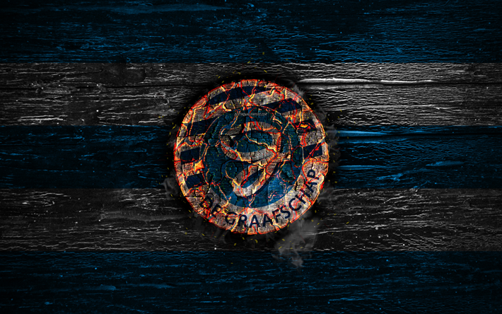 Graafschap FC, yangın logo, T&#252;rk, mavi ve beyaz &#231;izgiler, Hollanda Futbol Kul&#252;b&#252;, grunge, futbol, logo, BV De Graafschap, ahşap doku, Holland, Hollanda
