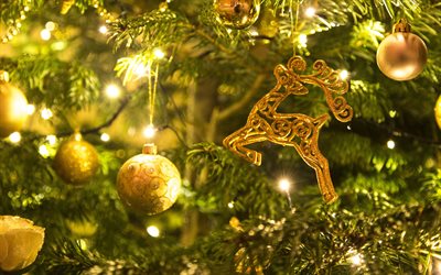 Christmas tree decoration, evening, lanterns, balls, golden deer, New Year