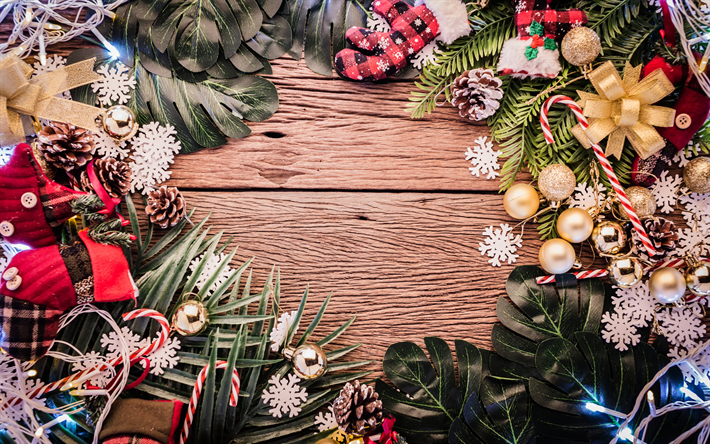 Navidad, marco, por la noche, decoraci&#243;n, juguetes, A&#241;o Nuevo, fondo de madera, guirnaldas de Navidad