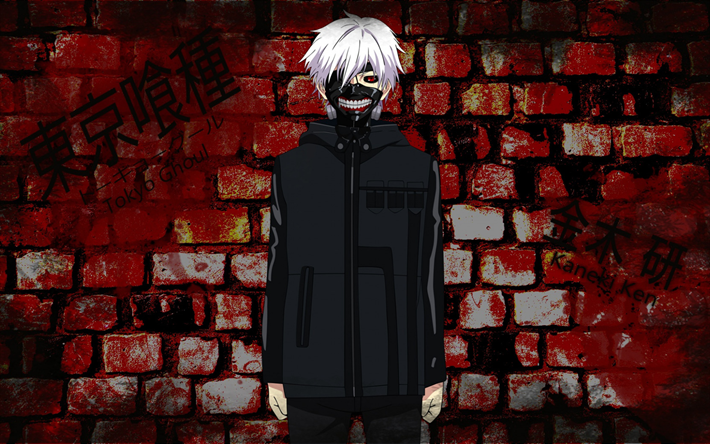 Tokyo Ghoul, Kaneki Ken, protagonist, creative art, red brick wall, graffiti, Japanese manga