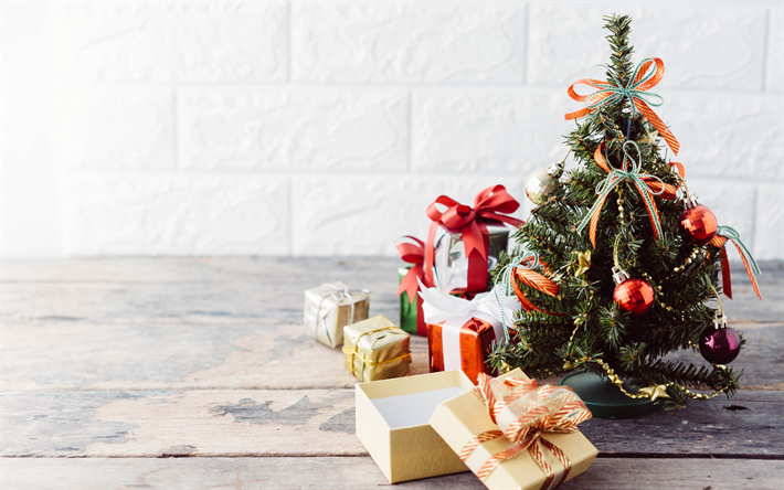 Piccolo albero di natale, regali, scatole, capodanno, Natale, sfondo